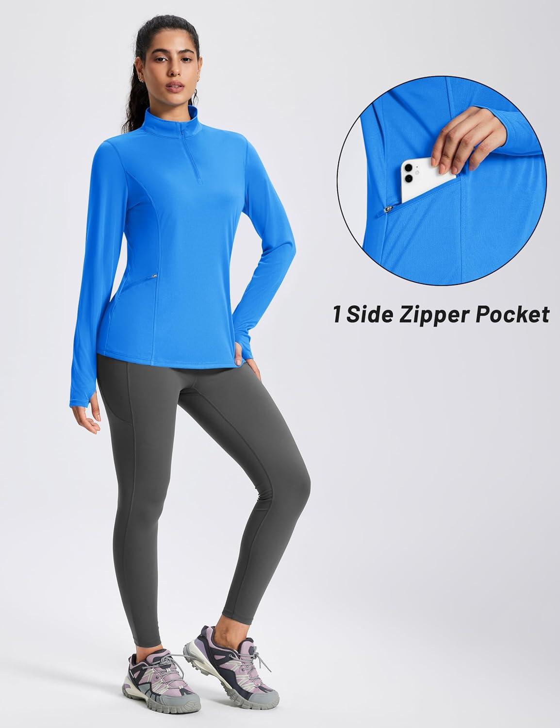 imageMAGCOMSEN 14 Zip Pullover Women Long Sleeve Quarter Zip UPF 50 Sun Shirts with Pocket Quick Dry Athletic Workout TopsAzure