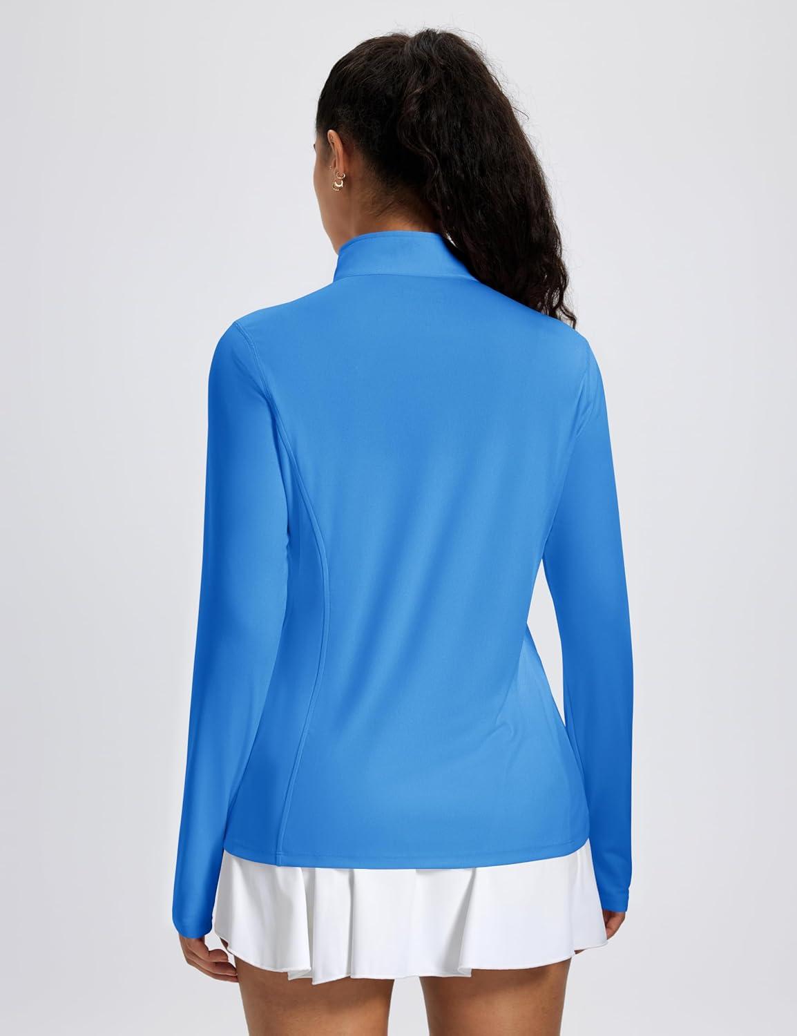 imageMAGCOMSEN 14 Zip Pullover Women Long Sleeve Quarter Zip UPF 50 Sun Shirts with Pocket Quick Dry Athletic Workout TopsAzure