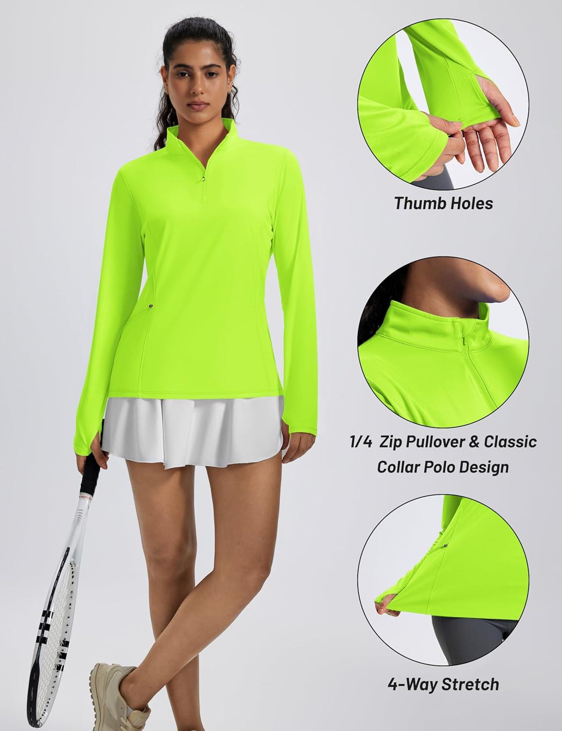 imageMAGCOMSEN 14 Zip Pullover Women Long Sleeve Quarter Zip UPF 50 Sun Shirts with Pocket Quick Dry Athletic Workout TopsFluorescent Green