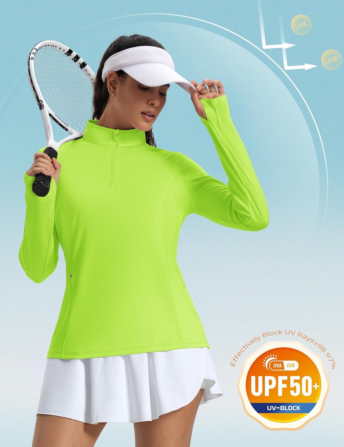 imageMAGCOMSEN 14 Zip Pullover Women Long Sleeve Quarter Zip UPF 50 Sun Shirts with Pocket Quick Dry Athletic Workout TopsFluorescent Green