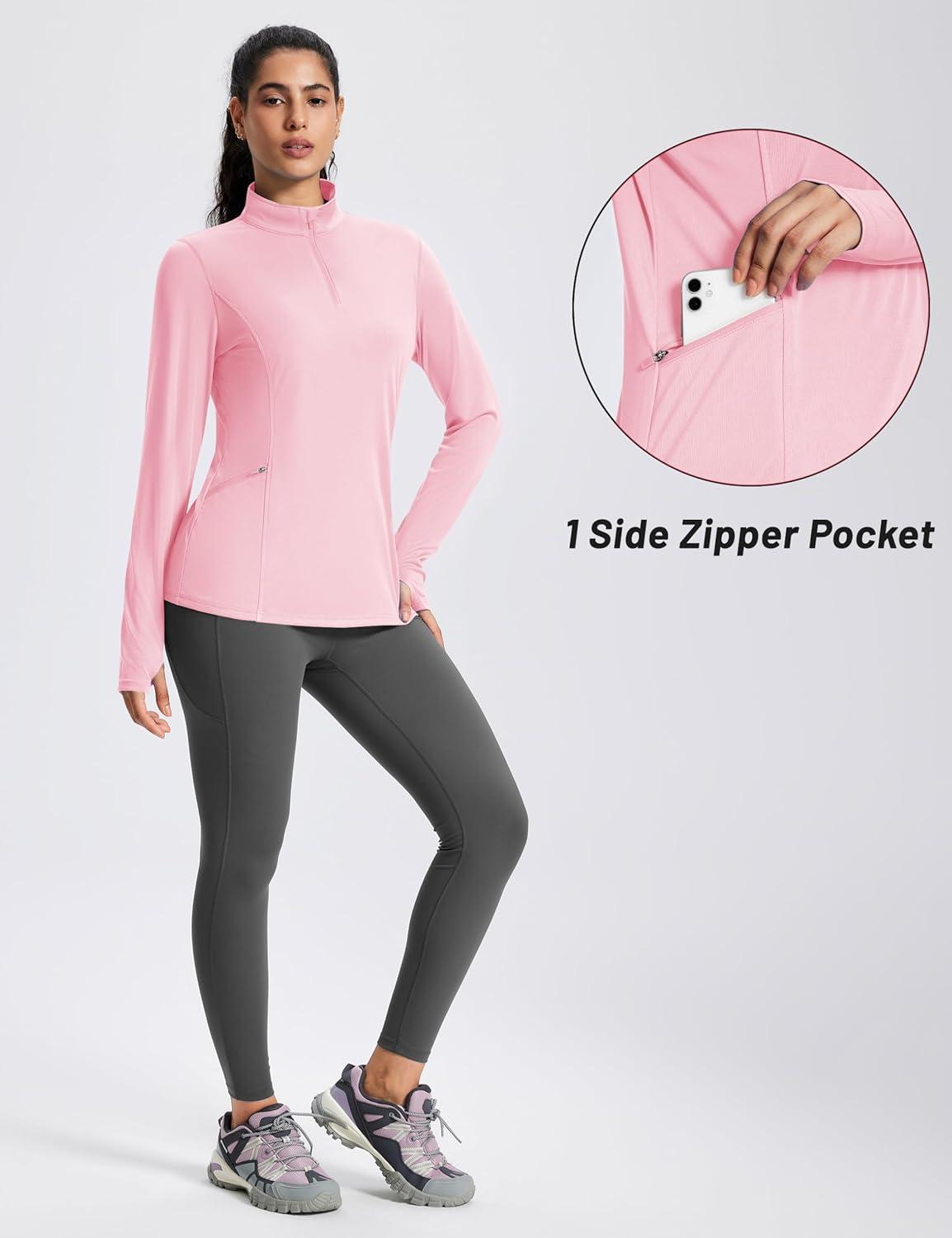 imageMAGCOMSEN 14 Zip Pullover Women Long Sleeve Quarter Zip UPF 50 Sun Shirts with Pocket Quick Dry Athletic Workout TopsLight Pink