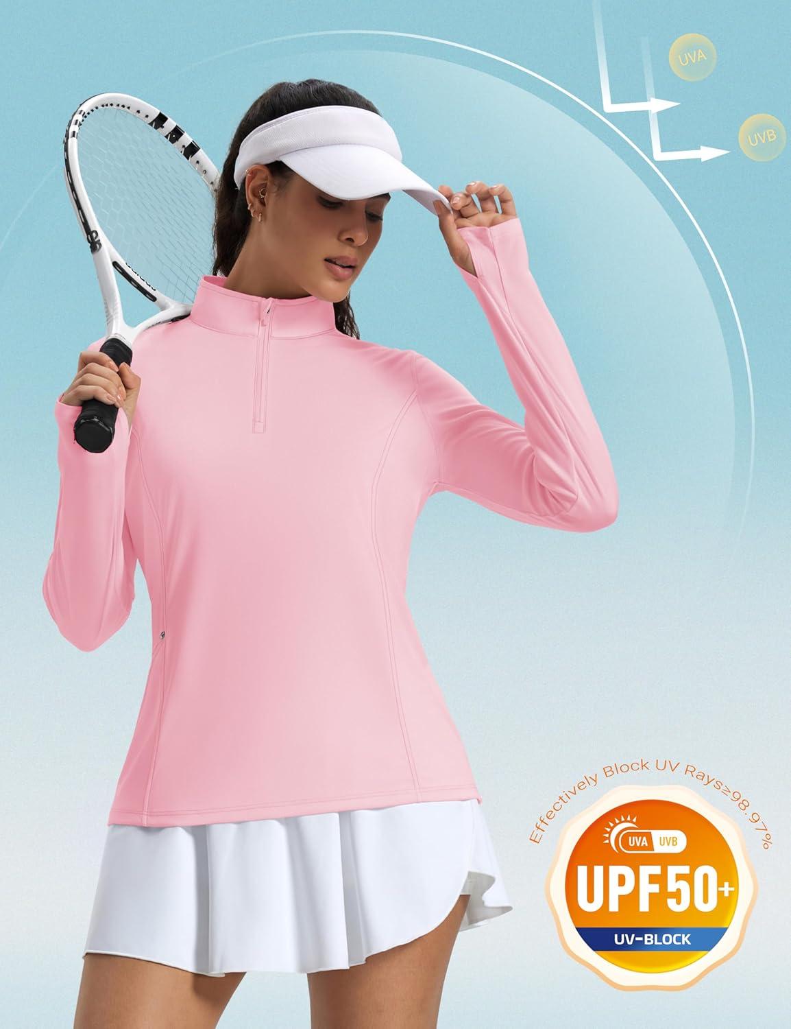 imageMAGCOMSEN 14 Zip Pullover Women Long Sleeve Quarter Zip UPF 50 Sun Shirts with Pocket Quick Dry Athletic Workout TopsLight Pink