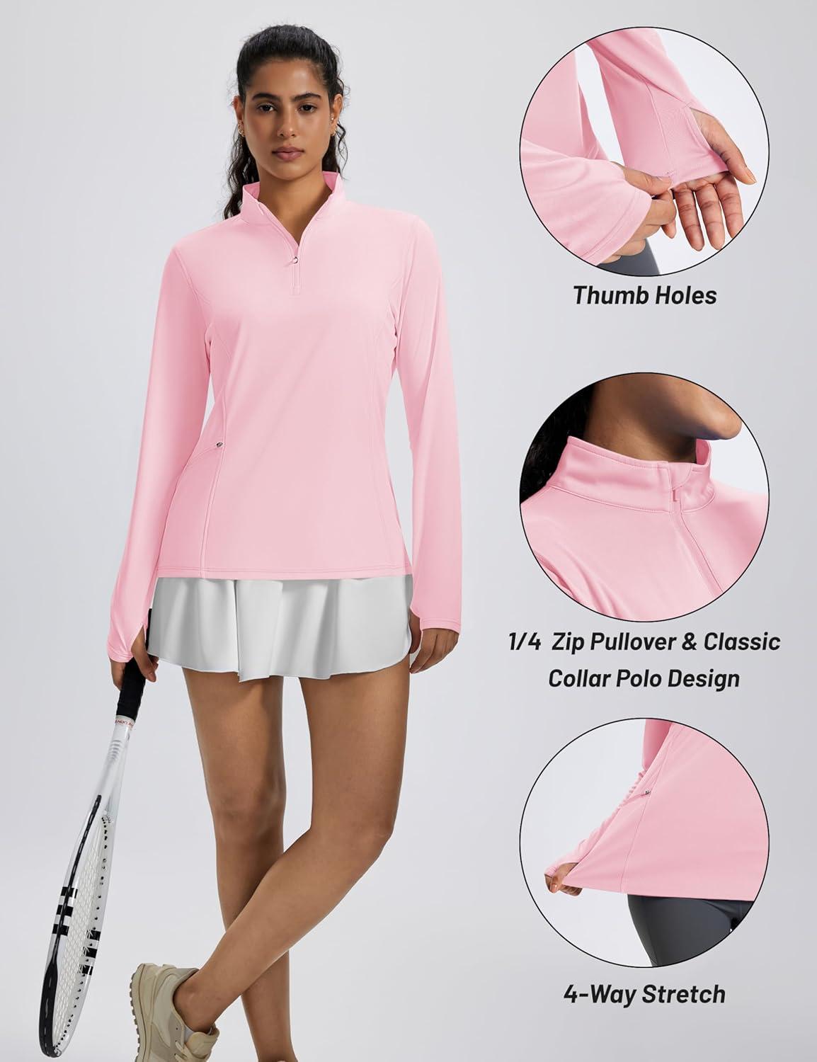 imageMAGCOMSEN 14 Zip Pullover Women Long Sleeve Quarter Zip UPF 50 Sun Shirts with Pocket Quick Dry Athletic Workout TopsLight Pink