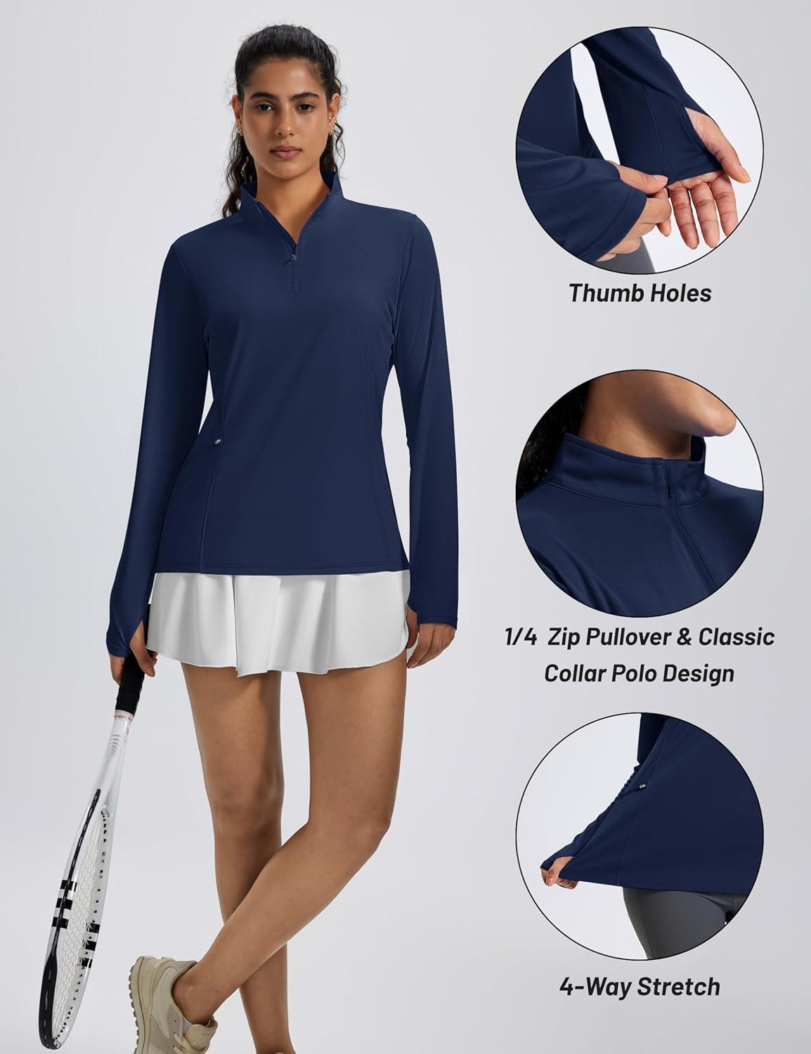 imageMAGCOMSEN 14 Zip Pullover Women Long Sleeve Quarter Zip UPF 50 Sun Shirts with Pocket Quick Dry Athletic Workout TopsNavy