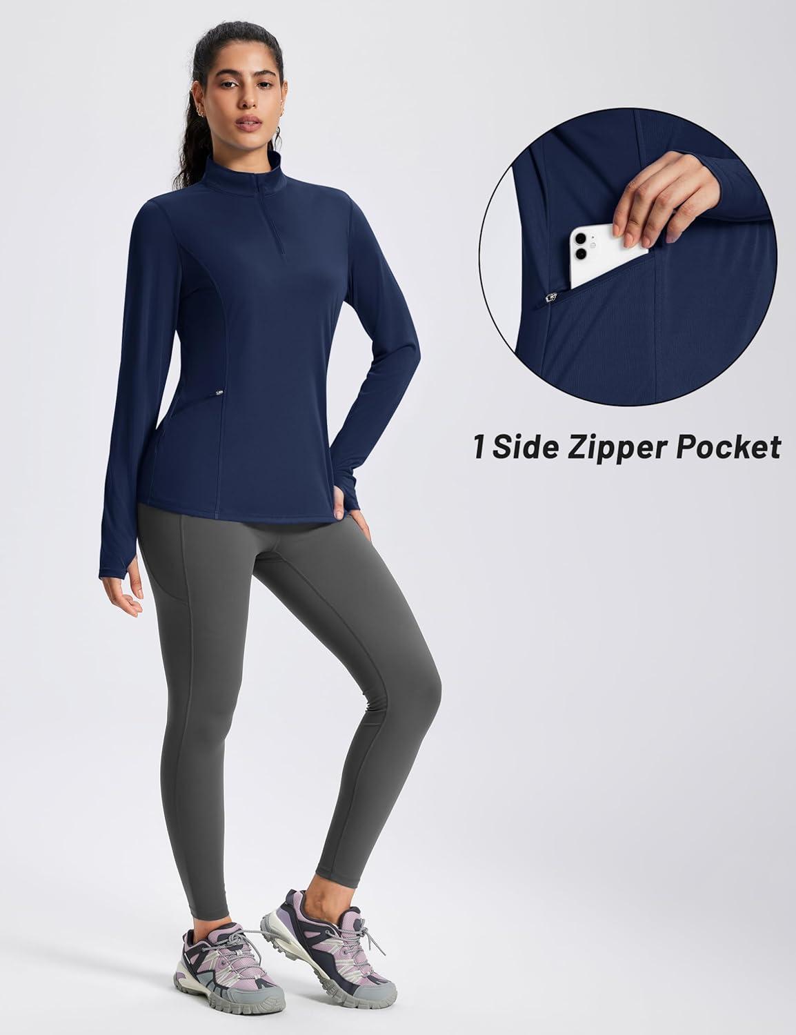 imageMAGCOMSEN 14 Zip Pullover Women Long Sleeve Quarter Zip UPF 50 Sun Shirts with Pocket Quick Dry Athletic Workout TopsNavy