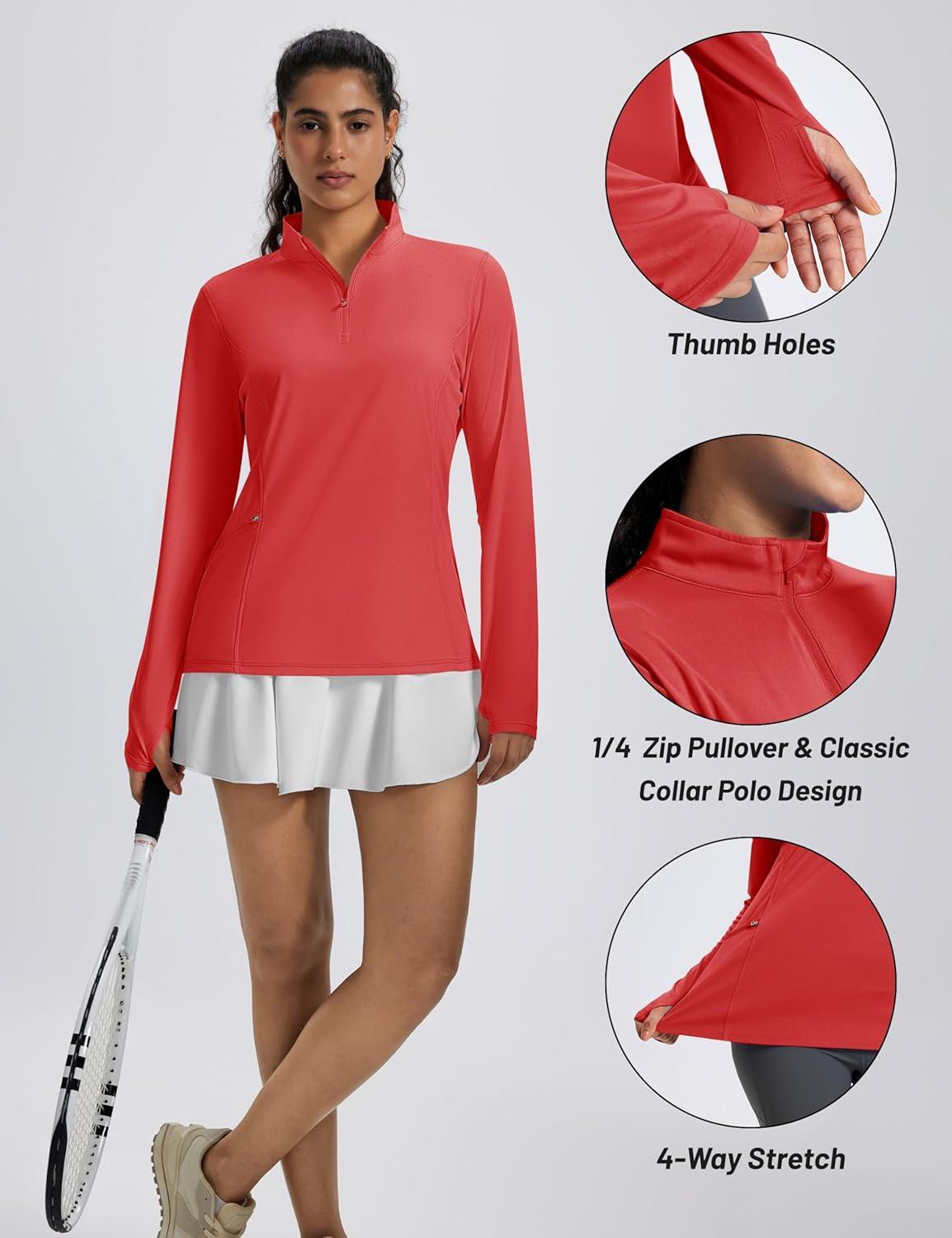 imageMAGCOMSEN 14 Zip Pullover Women Long Sleeve Quarter Zip UPF 50 Sun Shirts with Pocket Quick Dry Athletic Workout TopsRed