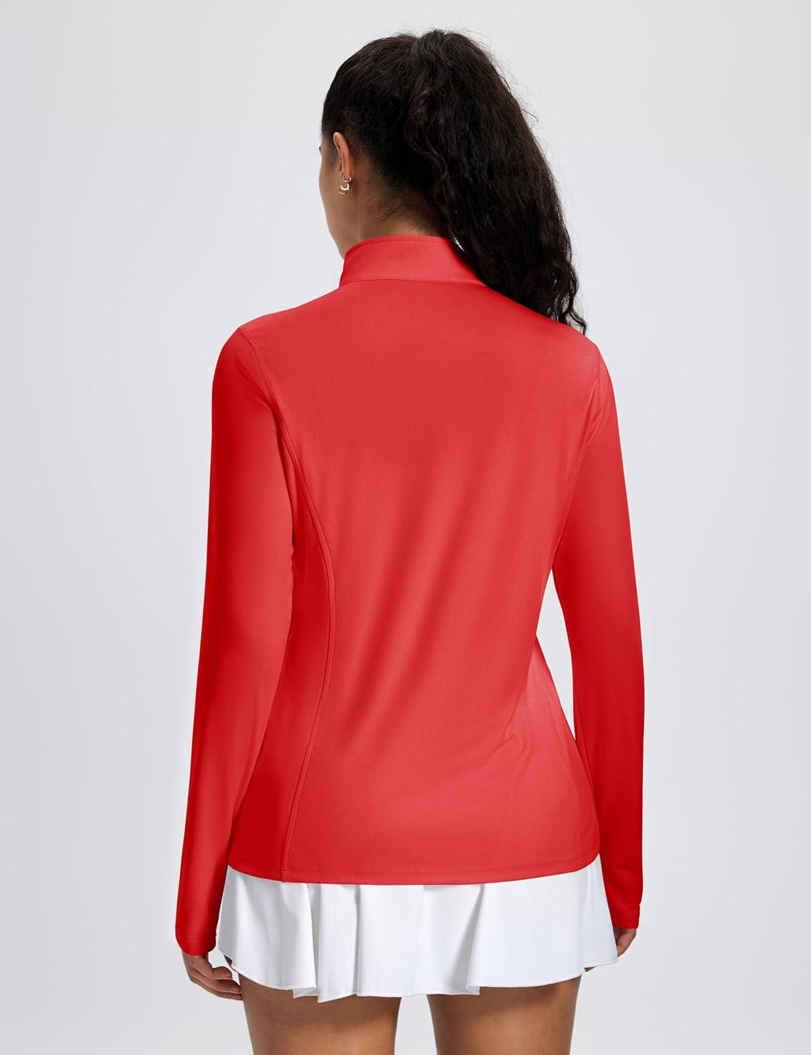 imageMAGCOMSEN 14 Zip Pullover Women Long Sleeve Quarter Zip UPF 50 Sun Shirts with Pocket Quick Dry Athletic Workout TopsRed