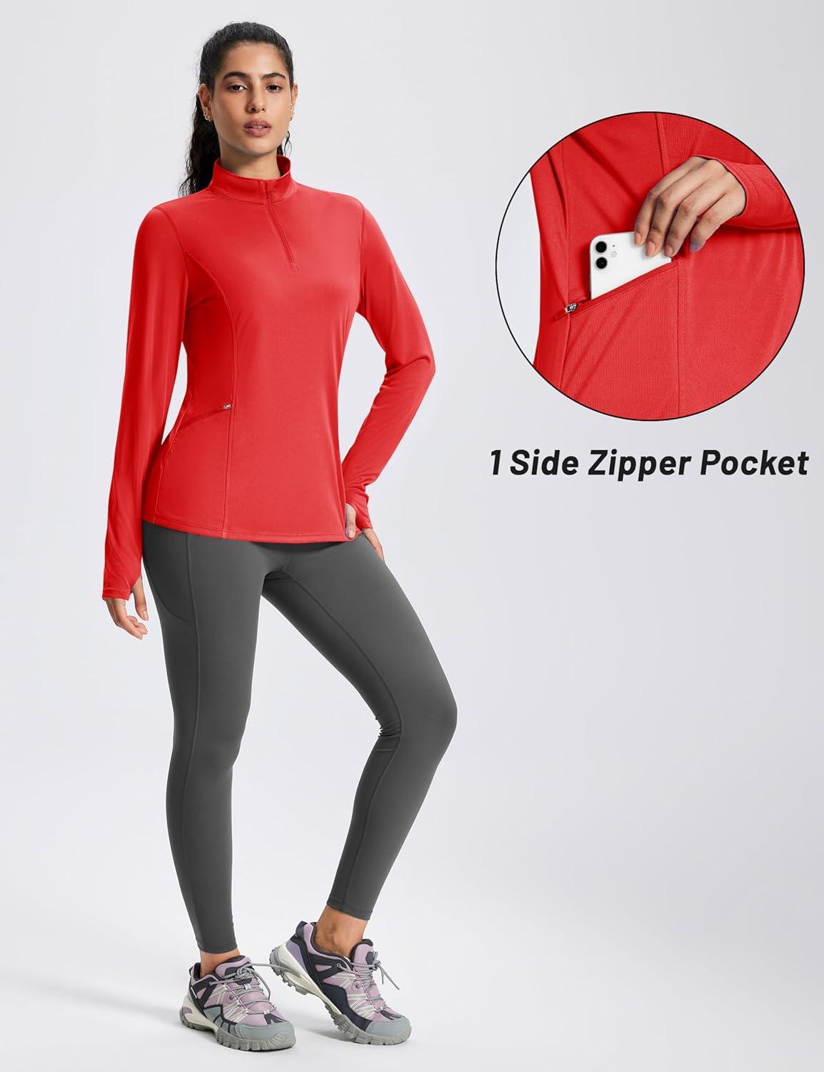 imageMAGCOMSEN 14 Zip Pullover Women Long Sleeve Quarter Zip UPF 50 Sun Shirts with Pocket Quick Dry Athletic Workout TopsRed