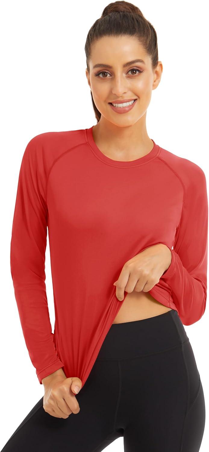 imageMAGCOMSEN Womens 2 Pack Long Sleeve Shirts UPF 50 Sun Protection Quick Dry Swim Shirt for Rash Guard Fishing Workout2 Packblack tomato Red