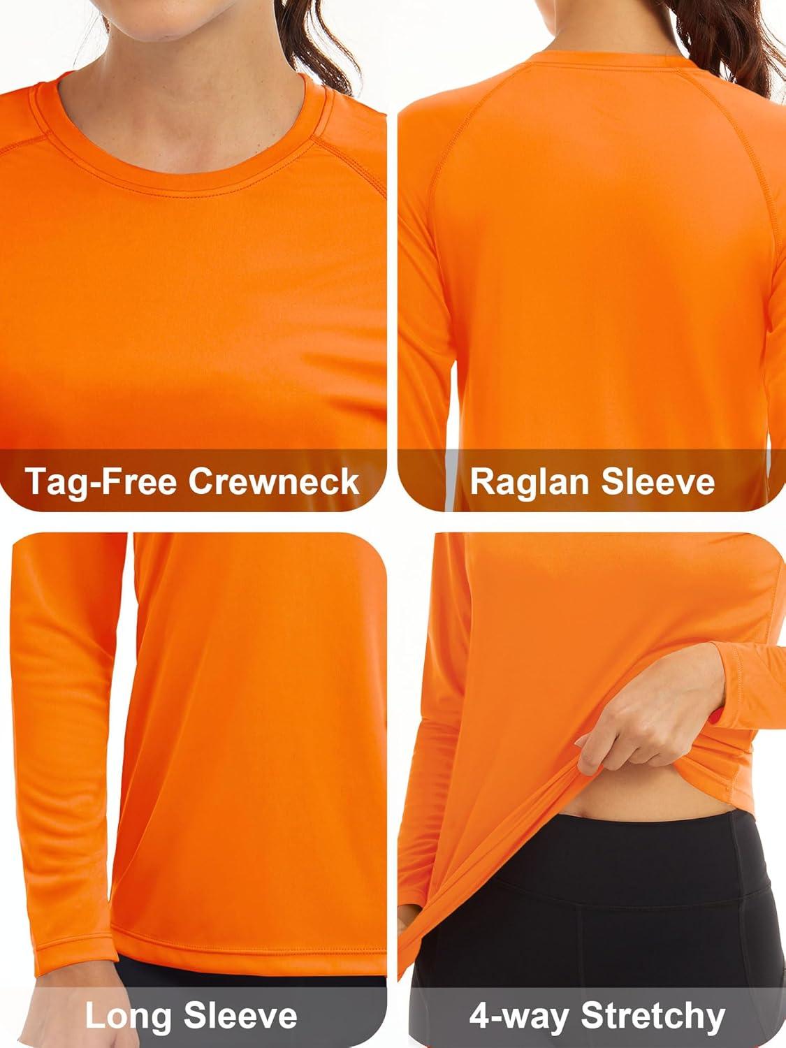 imageMAGCOMSEN Womens 2 Pack Long Sleeve Shirts UPF 50 Sun Protection Quick Dry Swim Shirt for Rash Guard Fishing Workout2 Packfluorescent Green fluorescent Orange