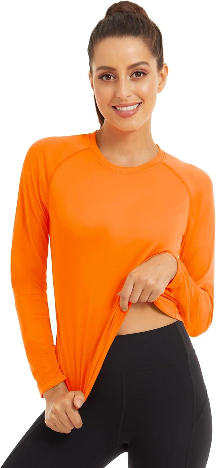 imageMAGCOMSEN Womens 2 Pack Long Sleeve Shirts UPF 50 Sun Protection Quick Dry Swim Shirt for Rash Guard Fishing Workout2 Packfluorescent Green fluorescent Orange