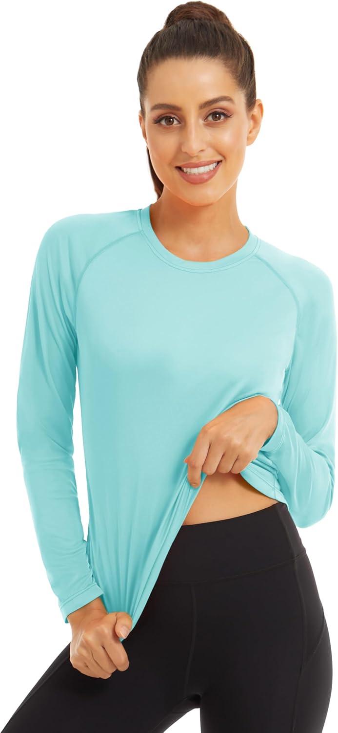 imageMAGCOMSEN Womens 2 Pack Long Sleeve Shirts UPF 50 Sun Protection Quick Dry Swim Shirt for Rash Guard Fishing Workout2 Packwhite light Blue