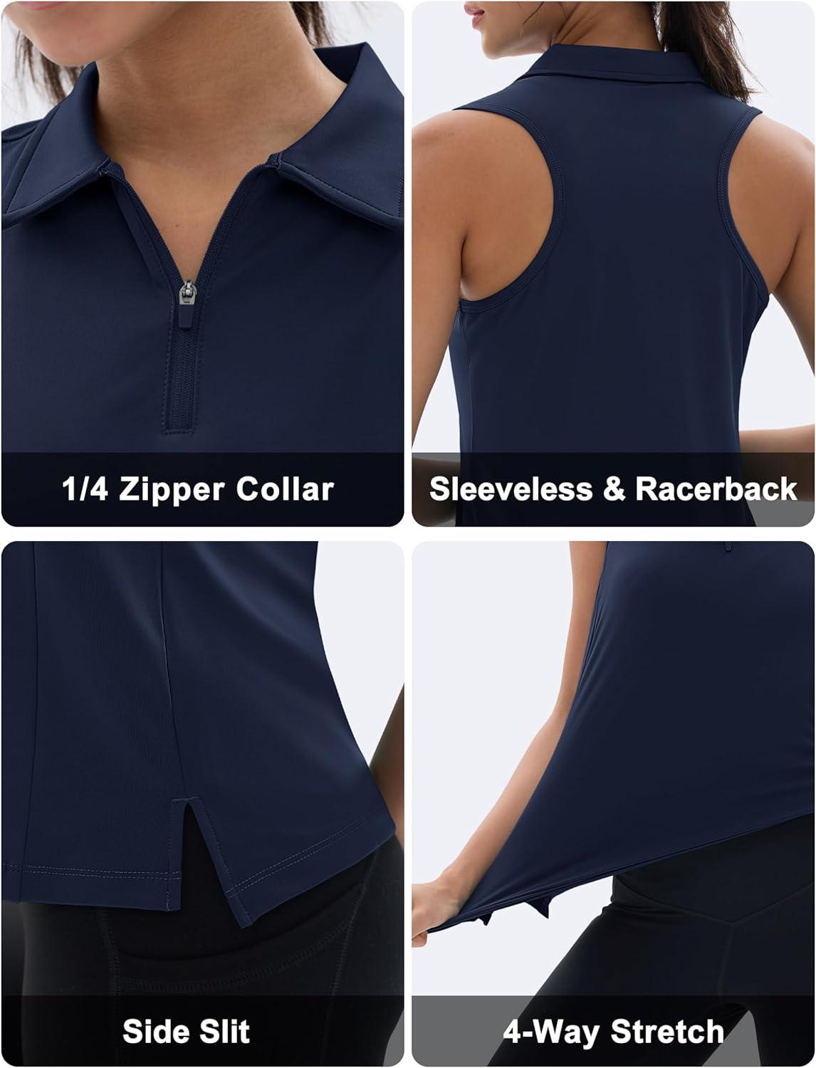 imageMAGCOMSEN Womens Golf Shirt Sleeveless Racerback Polo Shirts Zip Up UPF 50 Quick Dry Tennis Workout Athletic Tank TopsAnavy