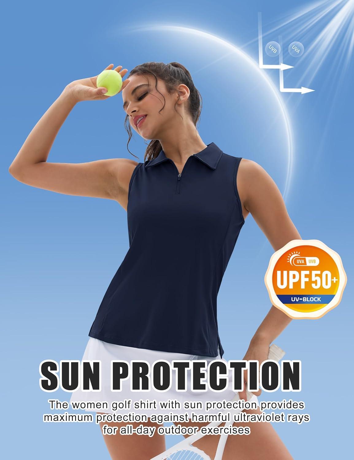 imageMAGCOMSEN Womens Golf Shirt Sleeveless Racerback Polo Shirts Zip Up UPF 50 Quick Dry Tennis Workout Athletic Tank TopsAnavy