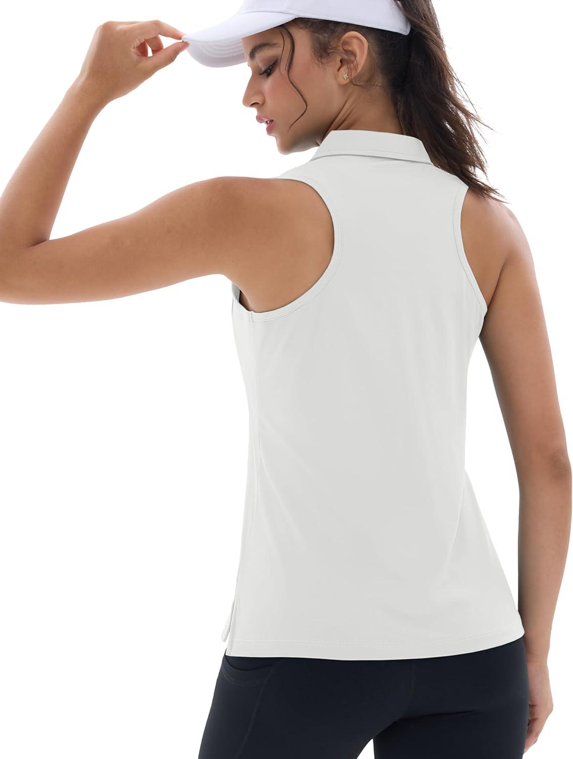 imageMAGCOMSEN Womens Golf Shirt Sleeveless Racerback Polo Shirts Zip Up UPF 50 Quick Dry Tennis Workout Athletic Tank TopsAwhite