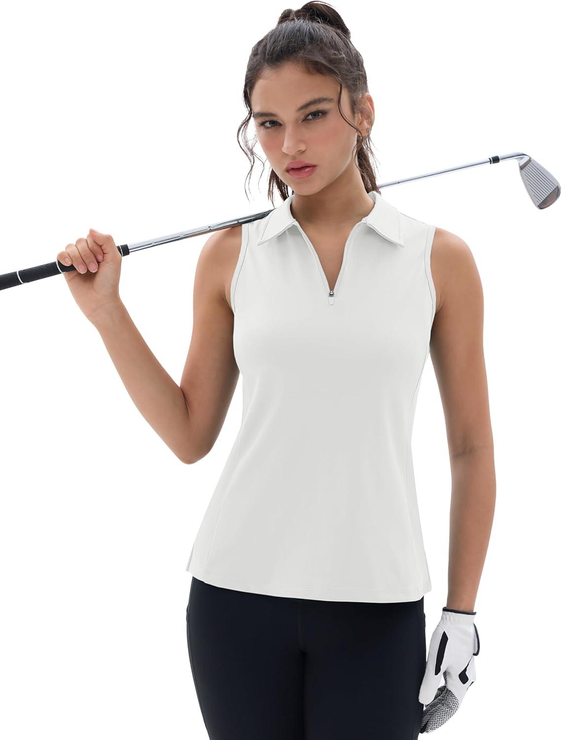 imageMAGCOMSEN Womens Golf Shirt Sleeveless Racerback Polo Shirts Zip Up UPF 50 Quick Dry Tennis Workout Athletic Tank TopsAwhite
