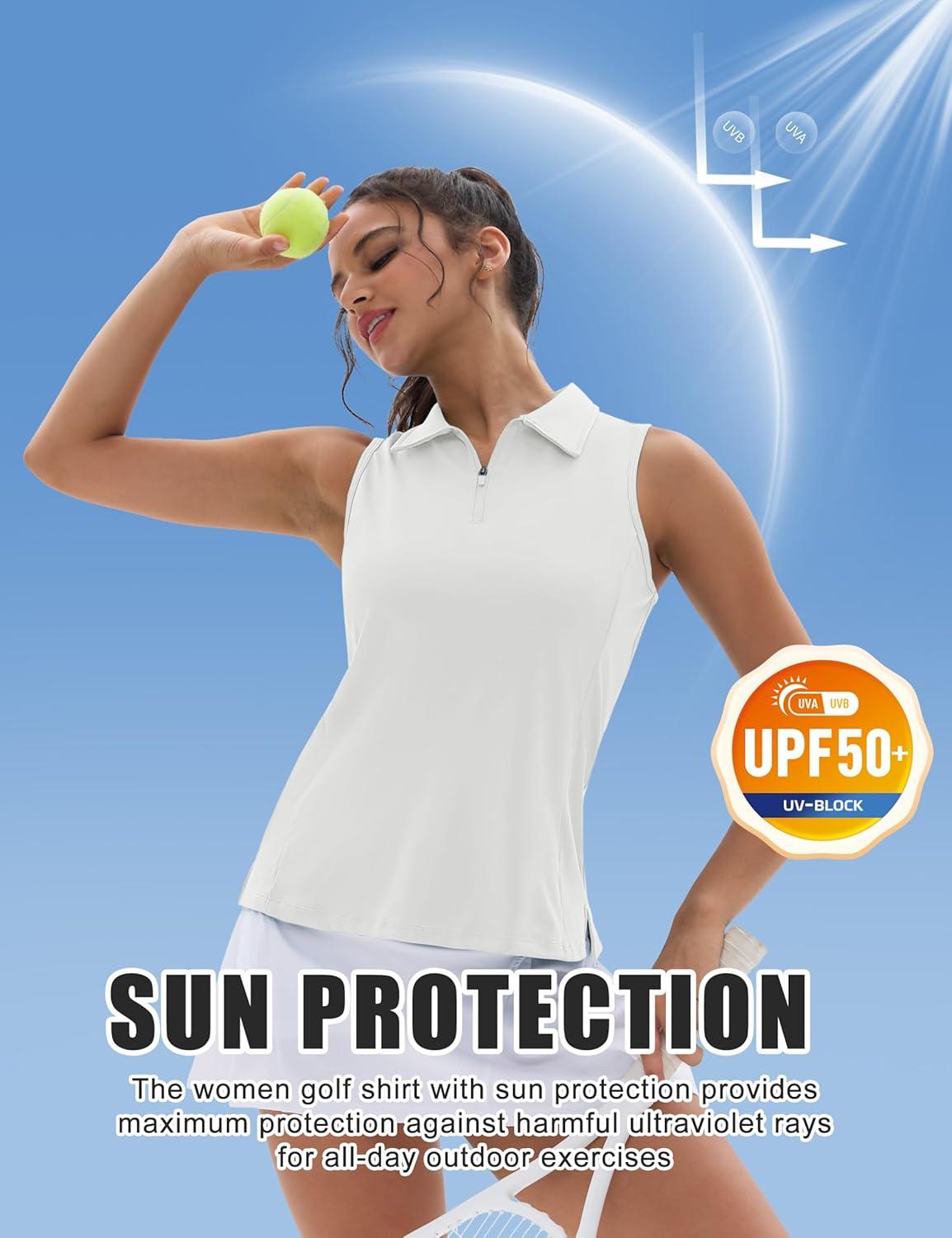 imageMAGCOMSEN Womens Golf Shirt Sleeveless Racerback Polo Shirts Zip Up UPF 50 Quick Dry Tennis Workout Athletic Tank TopsAwhite