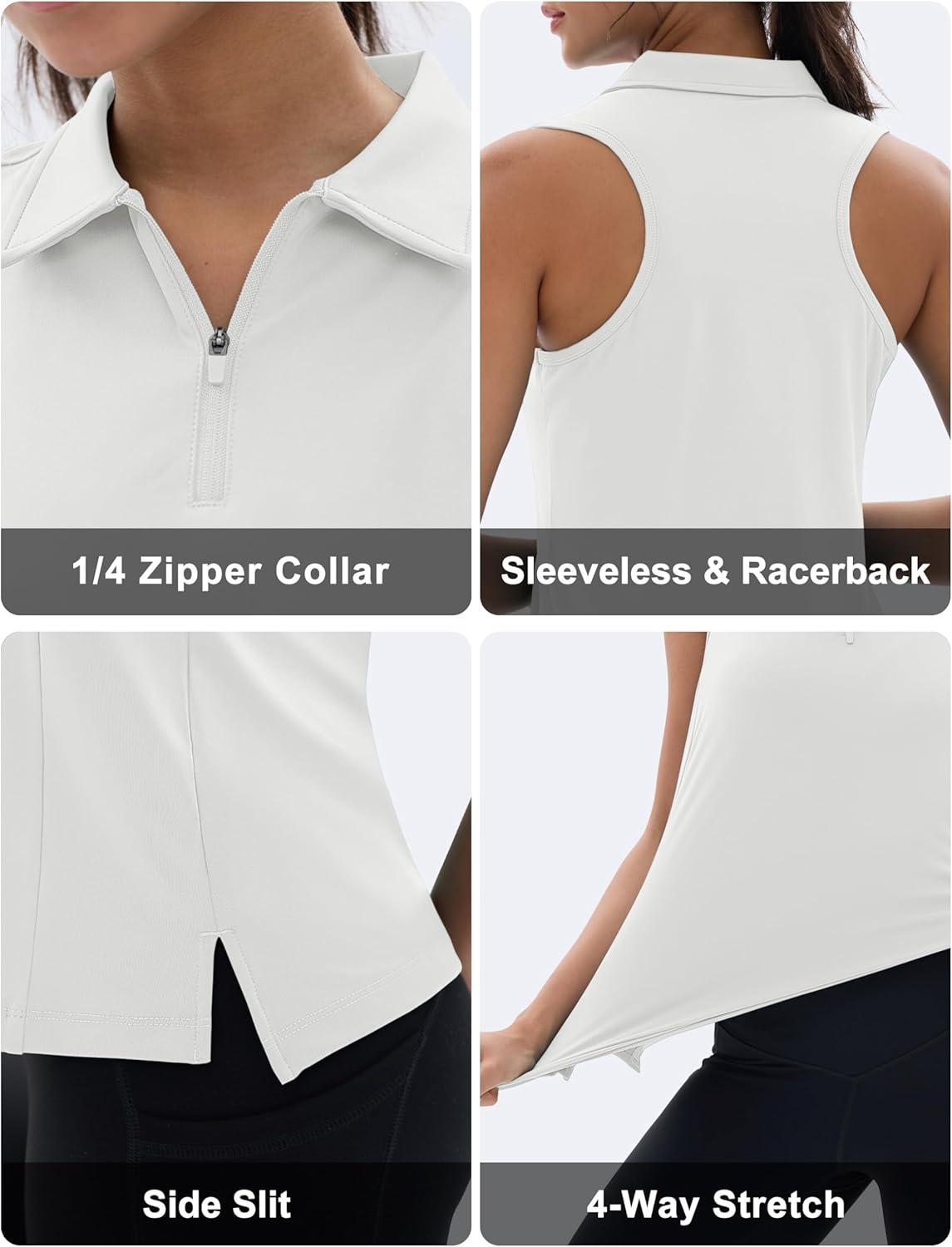 imageMAGCOMSEN Womens Golf Shirt Sleeveless Racerback Polo Shirts Zip Up UPF 50 Quick Dry Tennis Workout Athletic Tank TopsAwhite