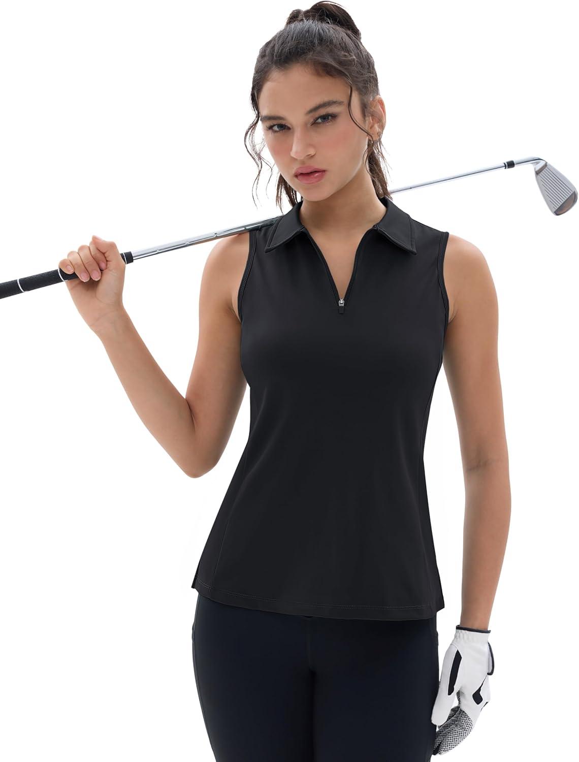 imageMAGCOMSEN Womens Golf Shirt Sleeveless Racerback Polo Shirts Zip Up UPF 50 Quick Dry Tennis Workout Athletic Tank TopsBlack