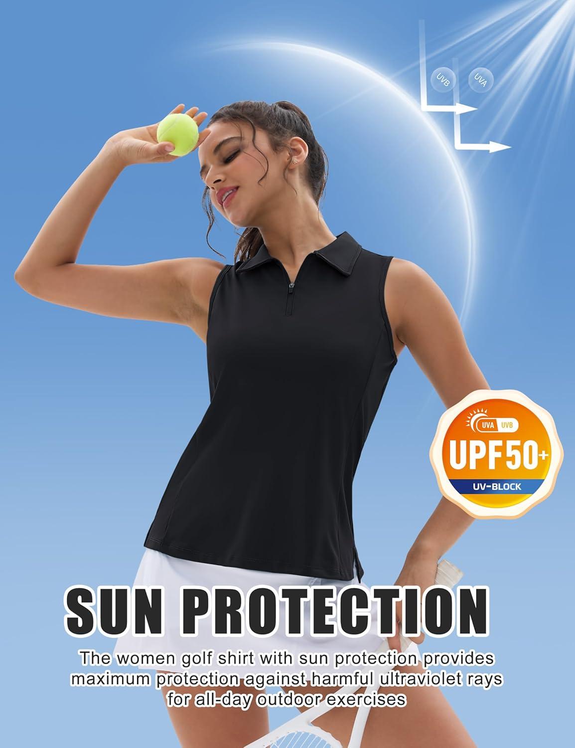 imageMAGCOMSEN Womens Golf Shirt Sleeveless Racerback Polo Shirts Zip Up UPF 50 Quick Dry Tennis Workout Athletic Tank TopsBlack