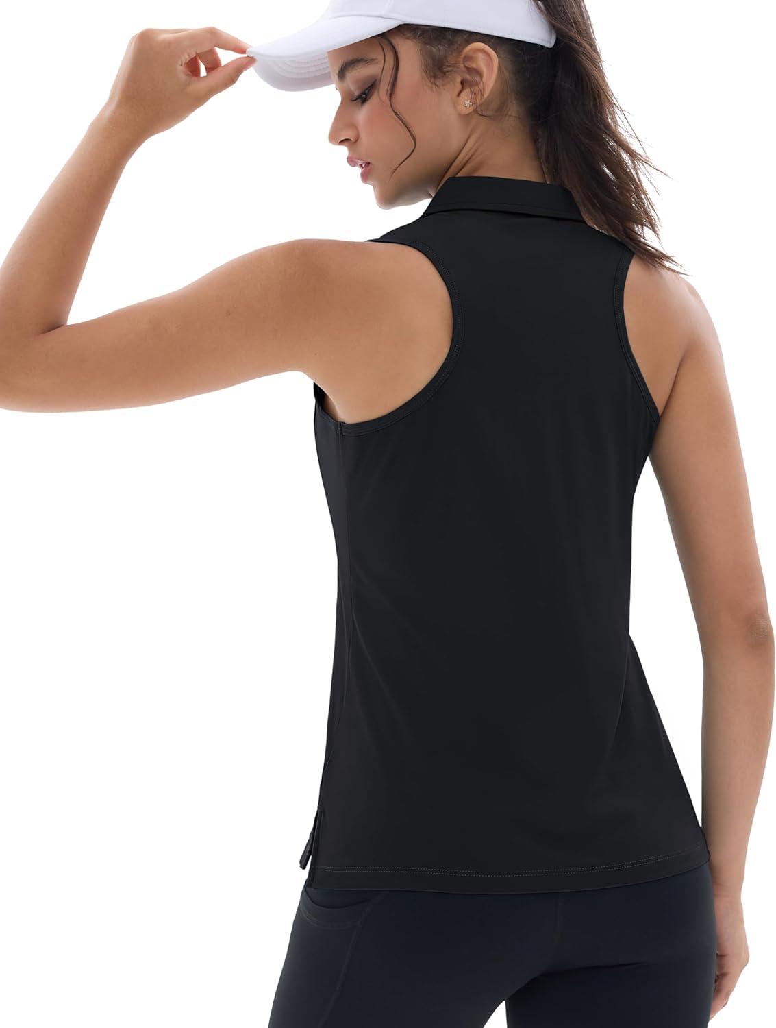 imageMAGCOMSEN Womens Golf Shirt Sleeveless Racerback Polo Shirts Zip Up UPF 50 Quick Dry Tennis Workout Athletic Tank TopsBlack