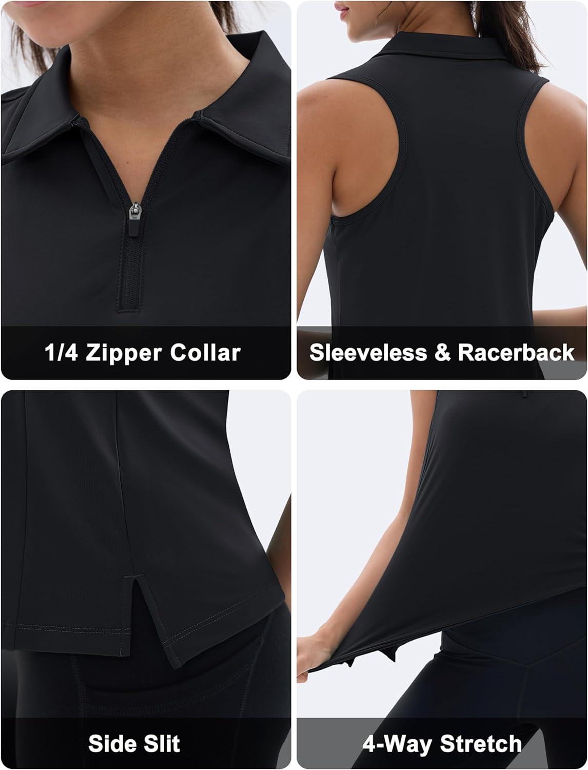 imageMAGCOMSEN Womens Golf Shirt Sleeveless Racerback Polo Shirts Zip Up UPF 50 Quick Dry Tennis Workout Athletic Tank TopsBlack