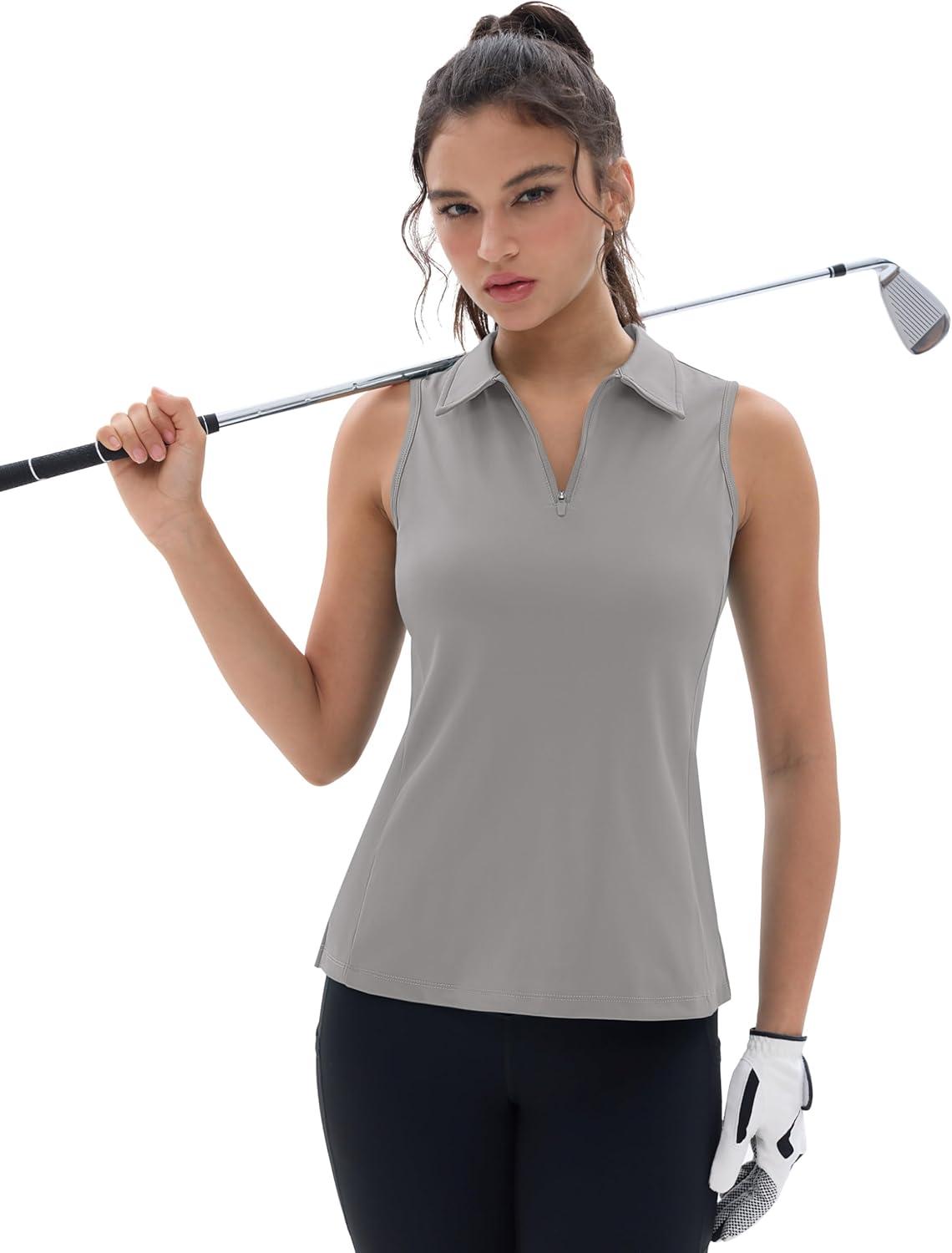 imageMAGCOMSEN Womens Golf Shirt Sleeveless Racerback Polo Shirts Zip Up UPF 50 Quick Dry Tennis Workout Athletic Tank TopsBrightgray