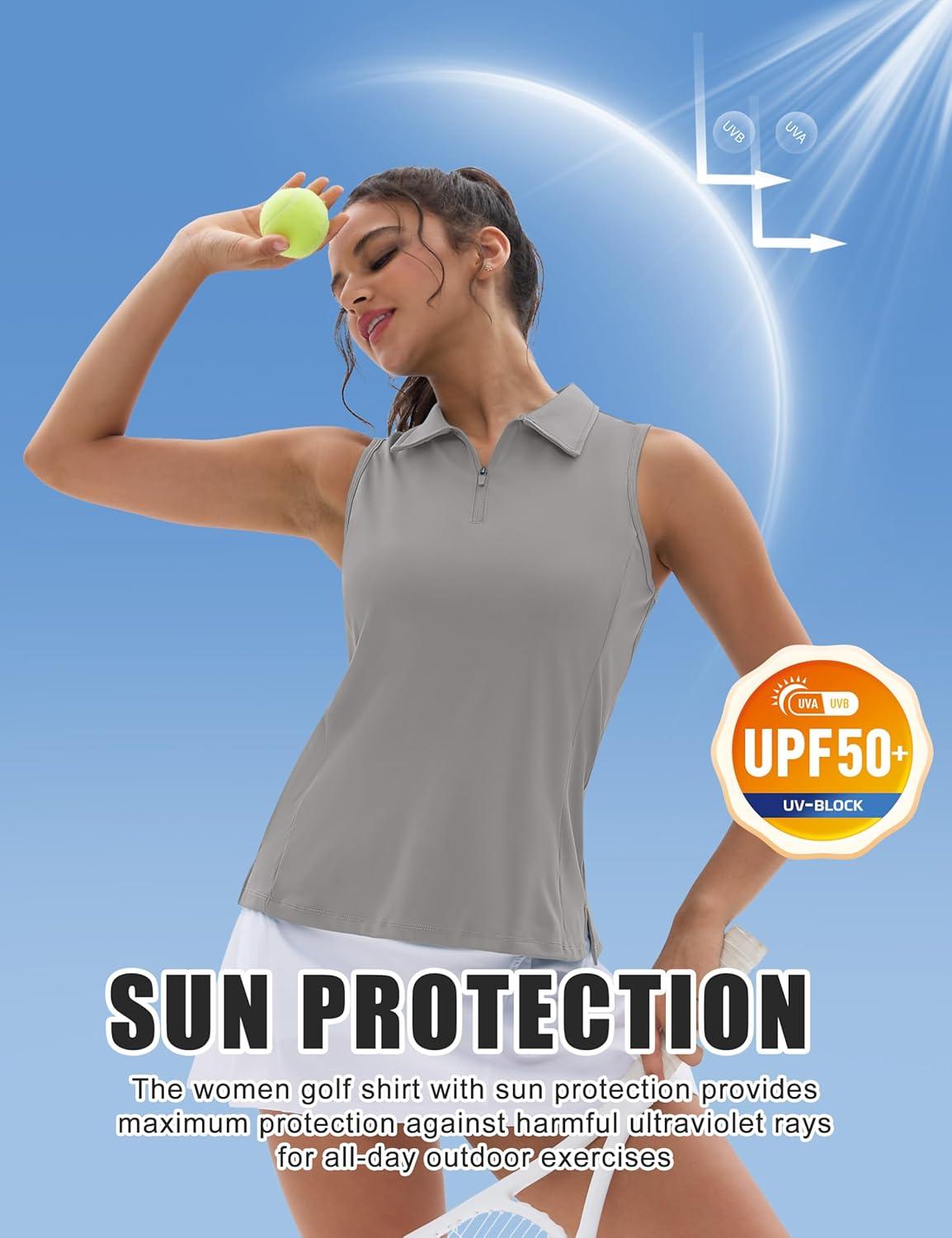 imageMAGCOMSEN Womens Golf Shirt Sleeveless Racerback Polo Shirts Zip Up UPF 50 Quick Dry Tennis Workout Athletic Tank TopsBrightgray