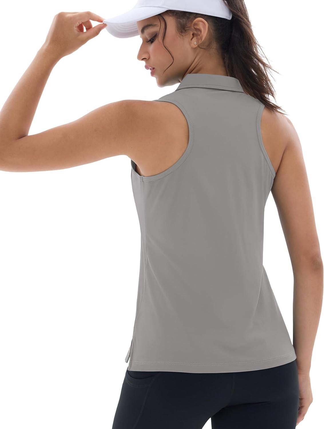 imageMAGCOMSEN Womens Golf Shirt Sleeveless Racerback Polo Shirts Zip Up UPF 50 Quick Dry Tennis Workout Athletic Tank TopsBrightgray