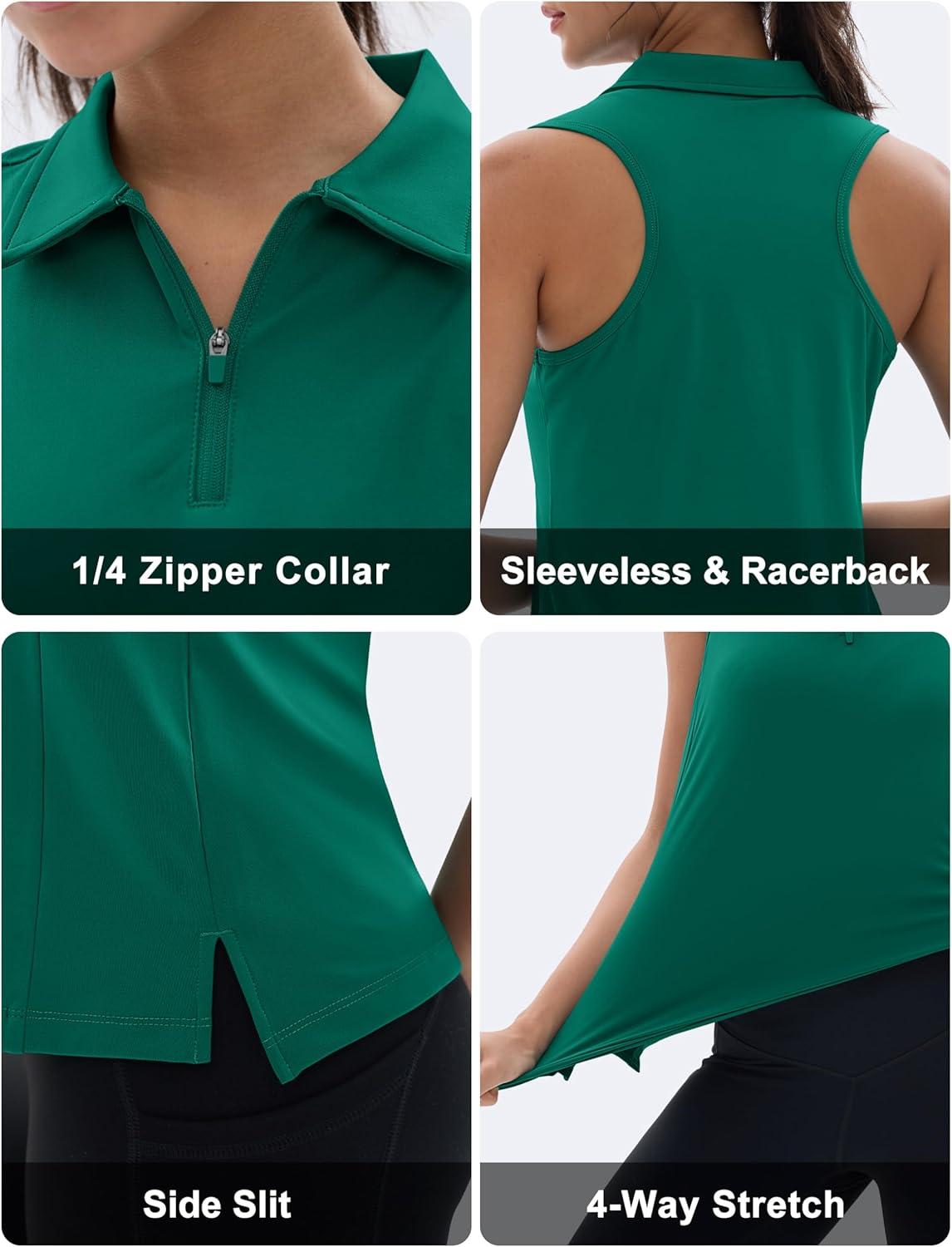 imageMAGCOMSEN Womens Golf Shirt Sleeveless Racerback Polo Shirts Zip Up UPF 50 Quick Dry Tennis Workout Athletic Tank TopsEgreen
