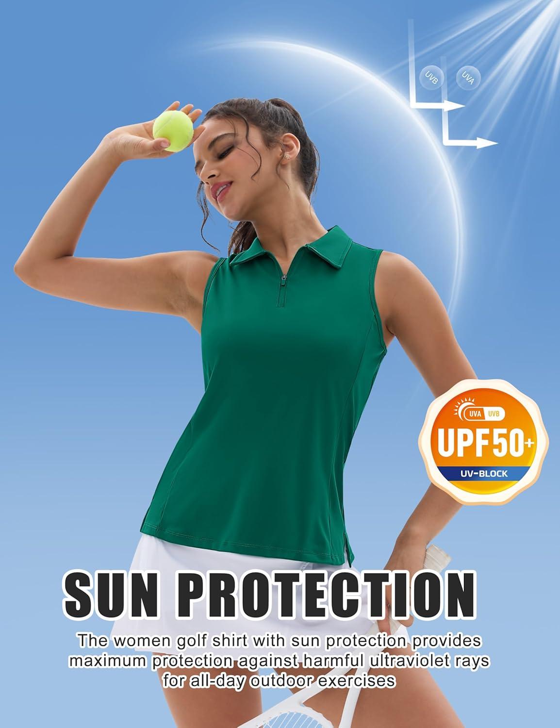 imageMAGCOMSEN Womens Golf Shirt Sleeveless Racerback Polo Shirts Zip Up UPF 50 Quick Dry Tennis Workout Athletic Tank TopsEgreen