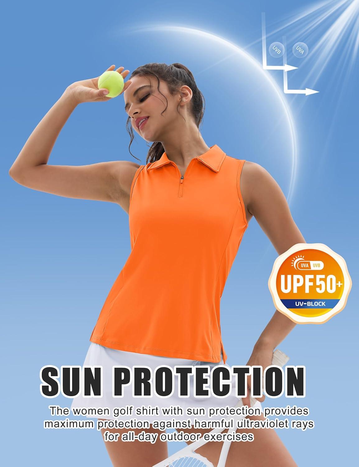 imageMAGCOMSEN Womens Golf Shirt Sleeveless Racerback Polo Shirts Zip Up UPF 50 Quick Dry Tennis Workout Athletic Tank TopsFlorange