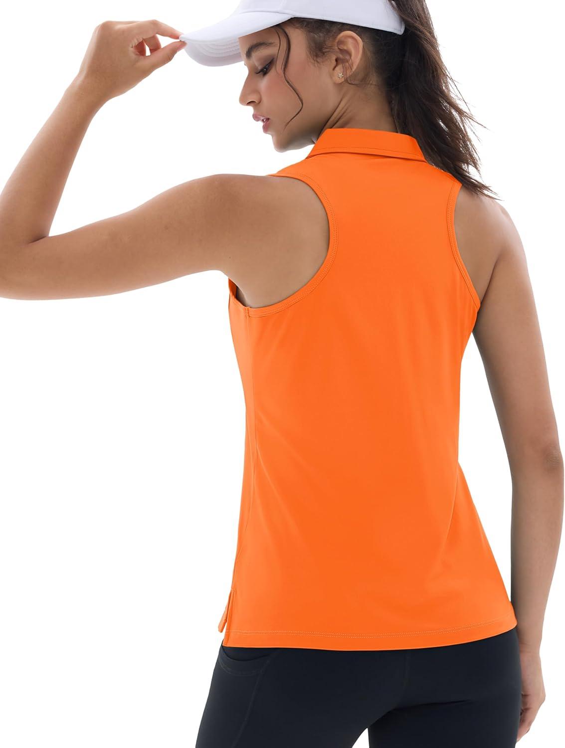 imageMAGCOMSEN Womens Golf Shirt Sleeveless Racerback Polo Shirts Zip Up UPF 50 Quick Dry Tennis Workout Athletic Tank TopsFlorange