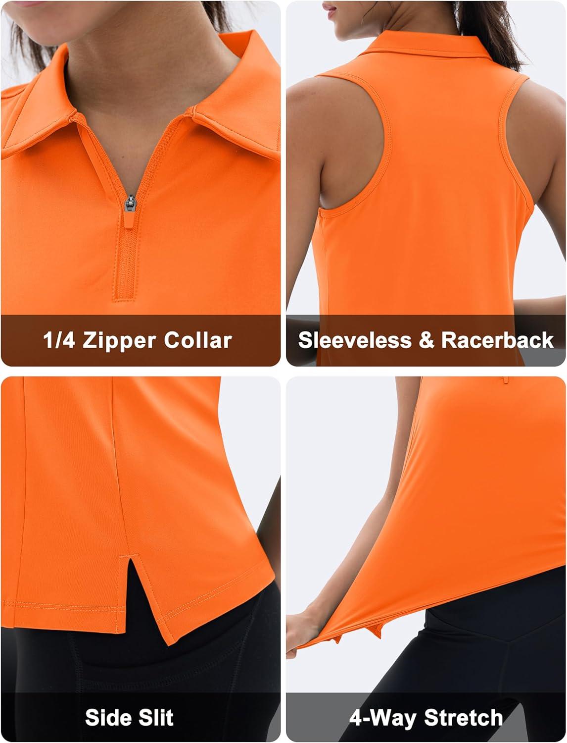imageMAGCOMSEN Womens Golf Shirt Sleeveless Racerback Polo Shirts Zip Up UPF 50 Quick Dry Tennis Workout Athletic Tank TopsFlorange