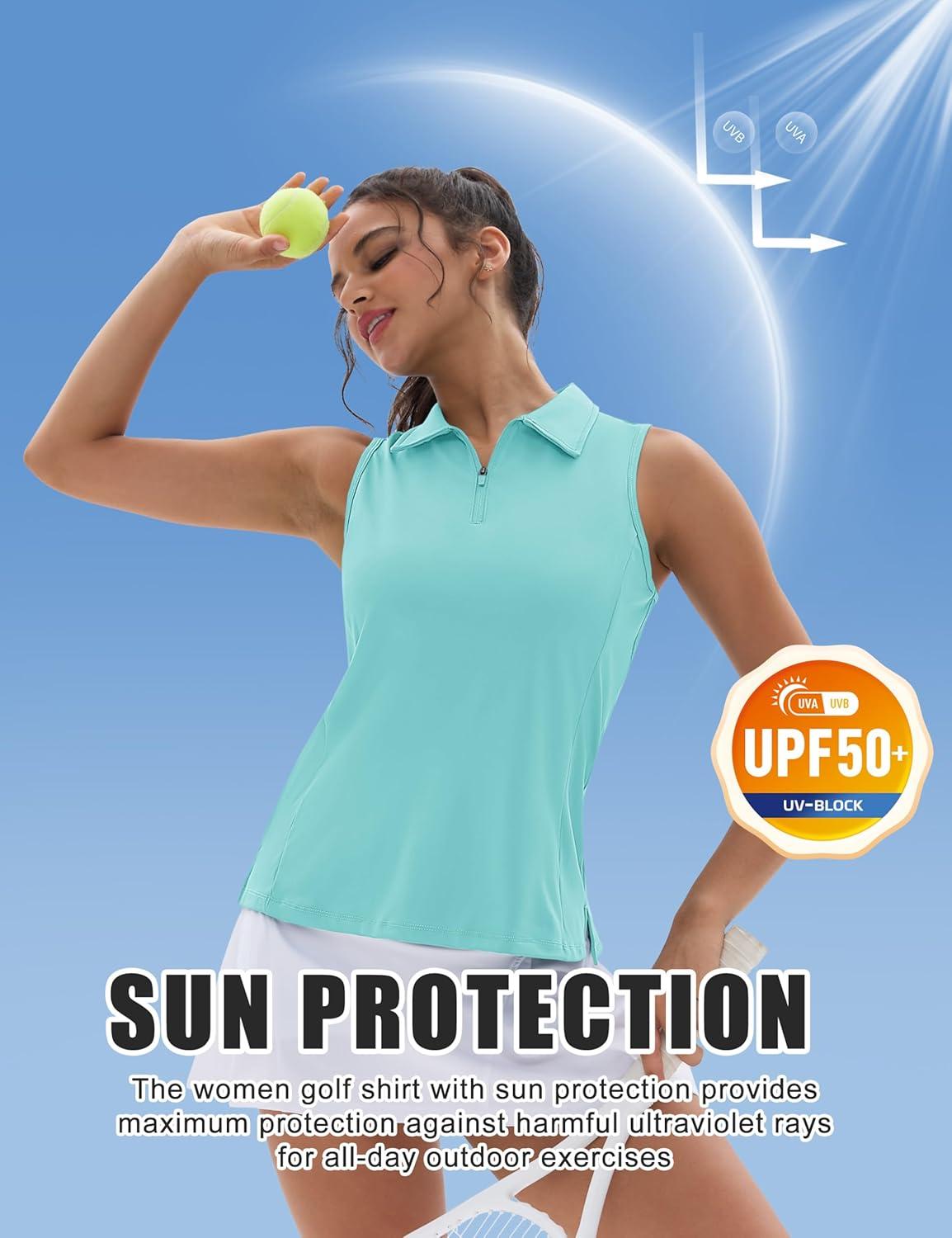 imageMAGCOMSEN Womens Golf Shirt Sleeveless Racerback Polo Shirts Zip Up UPF 50 Quick Dry Tennis Workout Athletic Tank TopsLackblue