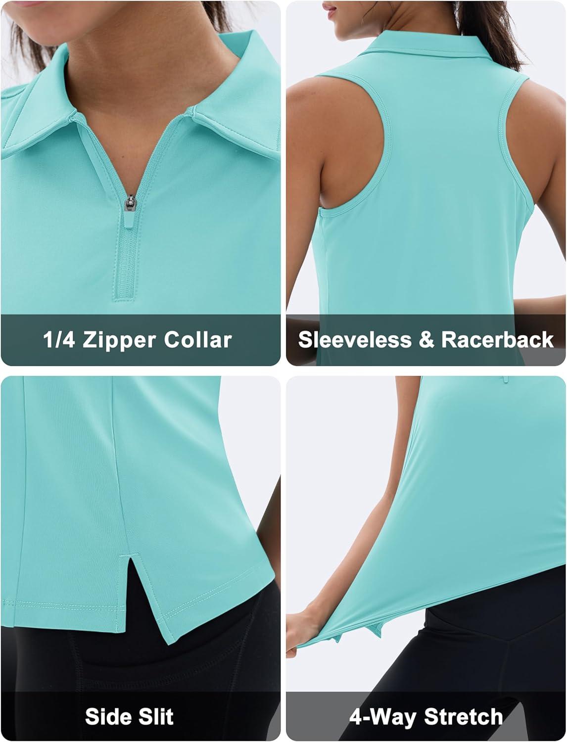 imageMAGCOMSEN Womens Golf Shirt Sleeveless Racerback Polo Shirts Zip Up UPF 50 Quick Dry Tennis Workout Athletic Tank TopsLackblue