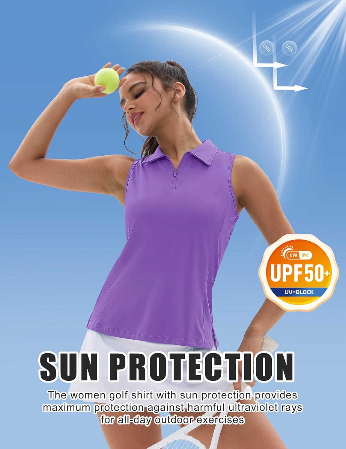 imageMAGCOMSEN Womens Golf Shirt Sleeveless Racerback Polo Shirts Zip Up UPF 50 Quick Dry Tennis Workout Athletic Tank TopsLight Purple