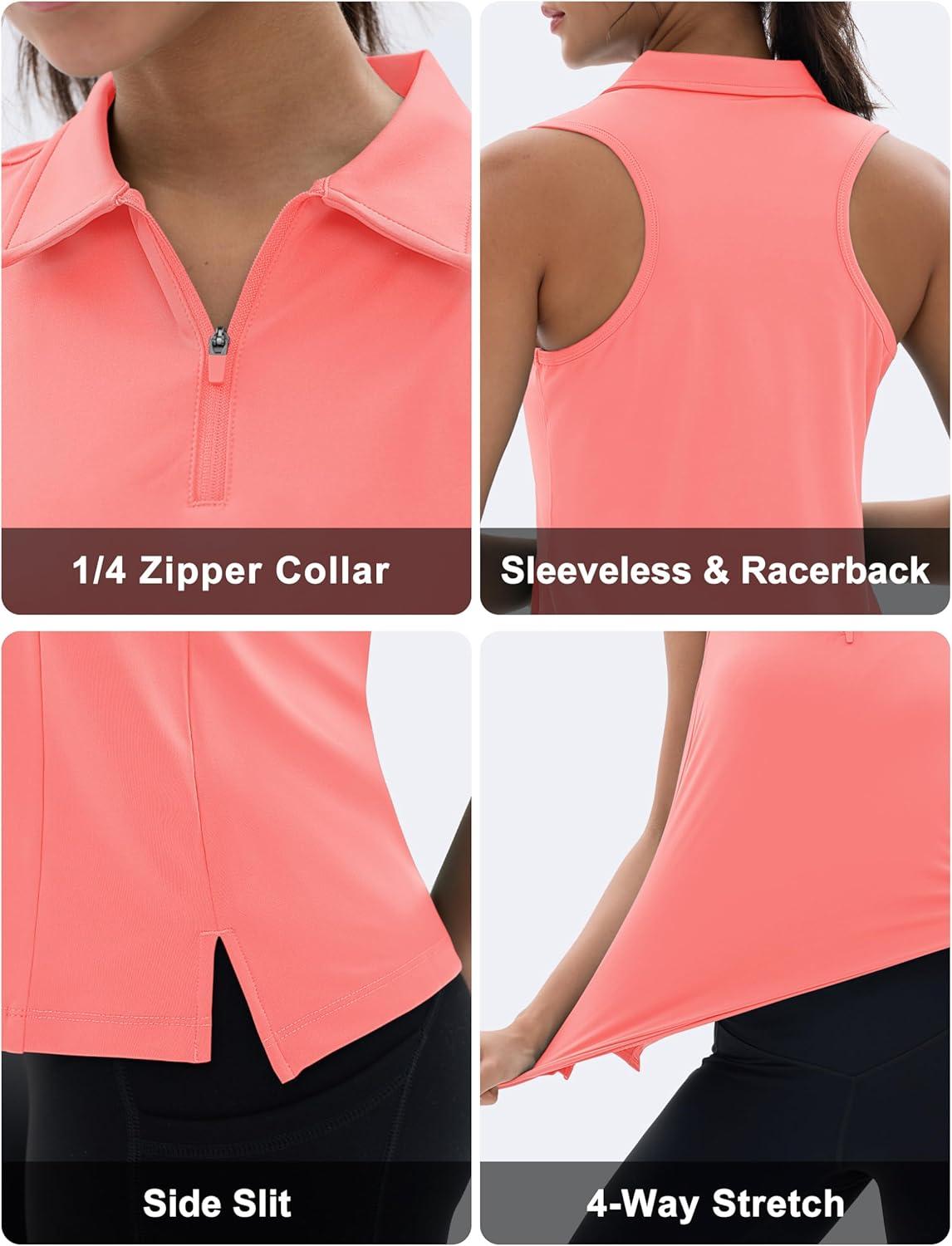 imageMAGCOMSEN Womens Golf Shirt Sleeveless Racerback Polo Shirts Zip Up UPF 50 Quick Dry Tennis Workout Athletic Tank TopsPink