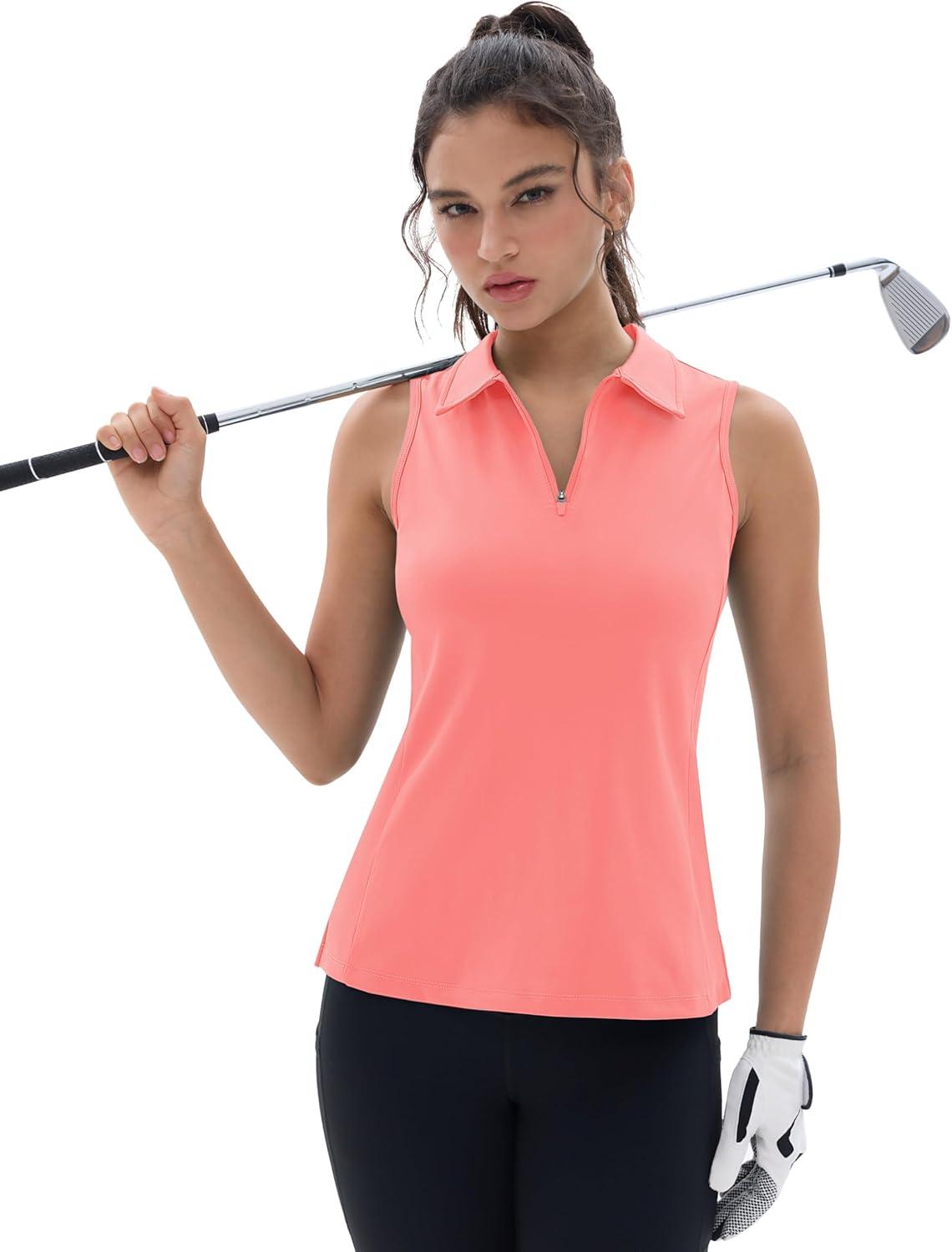 imageMAGCOMSEN Womens Golf Shirt Sleeveless Racerback Polo Shirts Zip Up UPF 50 Quick Dry Tennis Workout Athletic Tank TopsPink