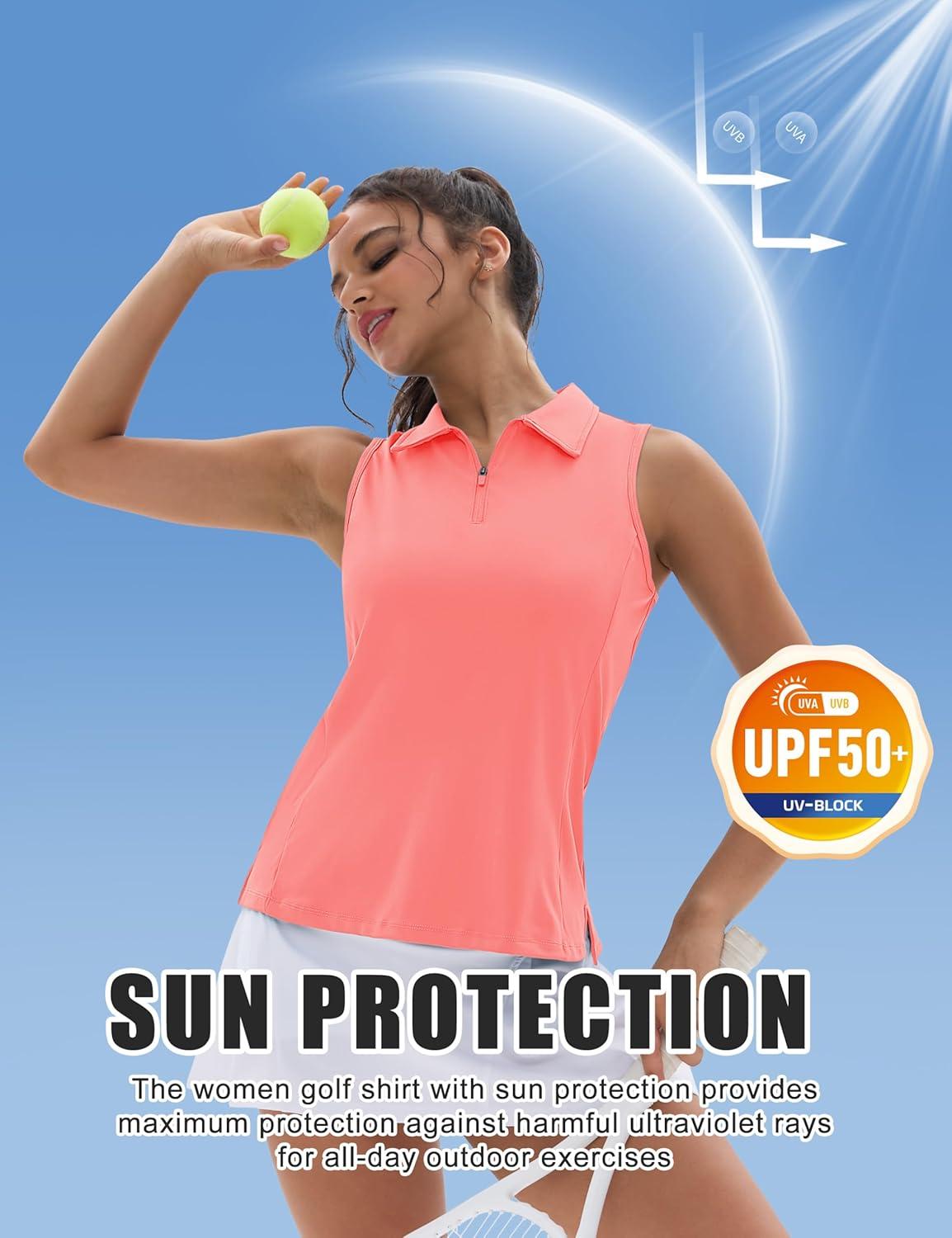 imageMAGCOMSEN Womens Golf Shirt Sleeveless Racerback Polo Shirts Zip Up UPF 50 Quick Dry Tennis Workout Athletic Tank TopsPink