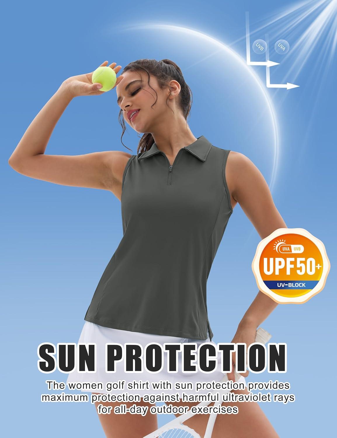 imageMAGCOMSEN Womens Golf Shirt Sleeveless Racerback Polo Shirts Zip Up UPF 50 Quick Dry Tennis Workout Athletic Tank TopsSeagrey