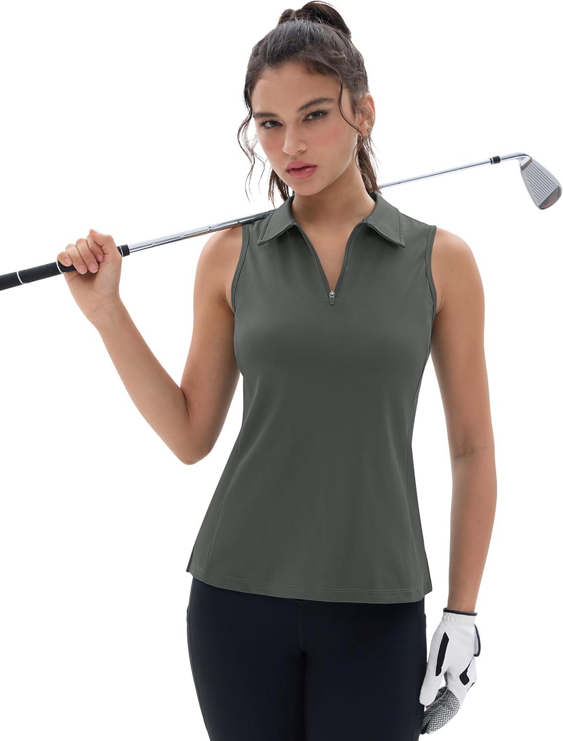 imageMAGCOMSEN Womens Golf Shirt Sleeveless Racerback Polo Shirts Zip Up UPF 50 Quick Dry Tennis Workout Athletic Tank TopsSeagrey