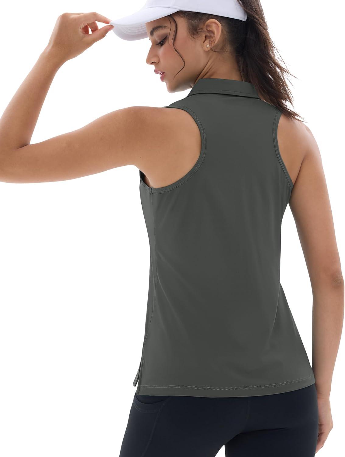 imageMAGCOMSEN Womens Golf Shirt Sleeveless Racerback Polo Shirts Zip Up UPF 50 Quick Dry Tennis Workout Athletic Tank TopsSeagrey