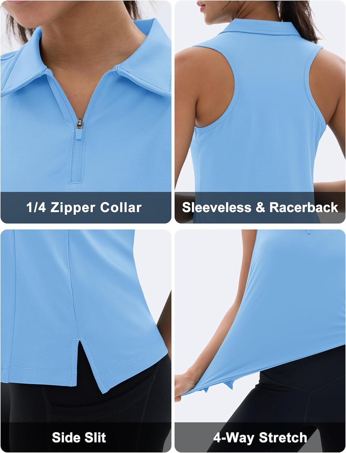 imageMAGCOMSEN Womens Golf Shirt Sleeveless Racerback Polo Shirts Zip Up UPF 50 Quick Dry Tennis Workout Athletic Tank TopsWaterfblue