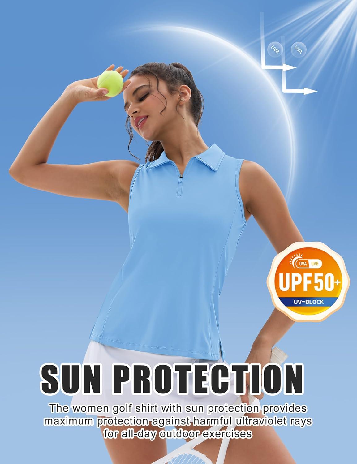 imageMAGCOMSEN Womens Golf Shirt Sleeveless Racerback Polo Shirts Zip Up UPF 50 Quick Dry Tennis Workout Athletic Tank TopsWaterfblue