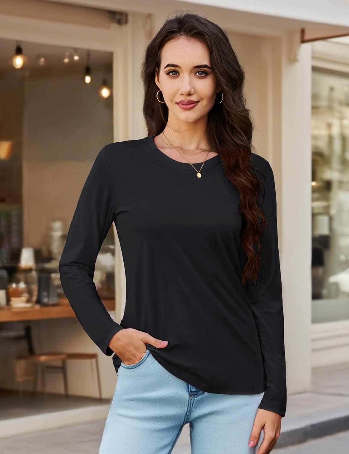 imageMAGCOMSEN Womens Long Sleeve Shirts Casual Crew Neck TShirt 2025 Basic Fall Tops Classicfit Tee Breathable Cotton TopBlack