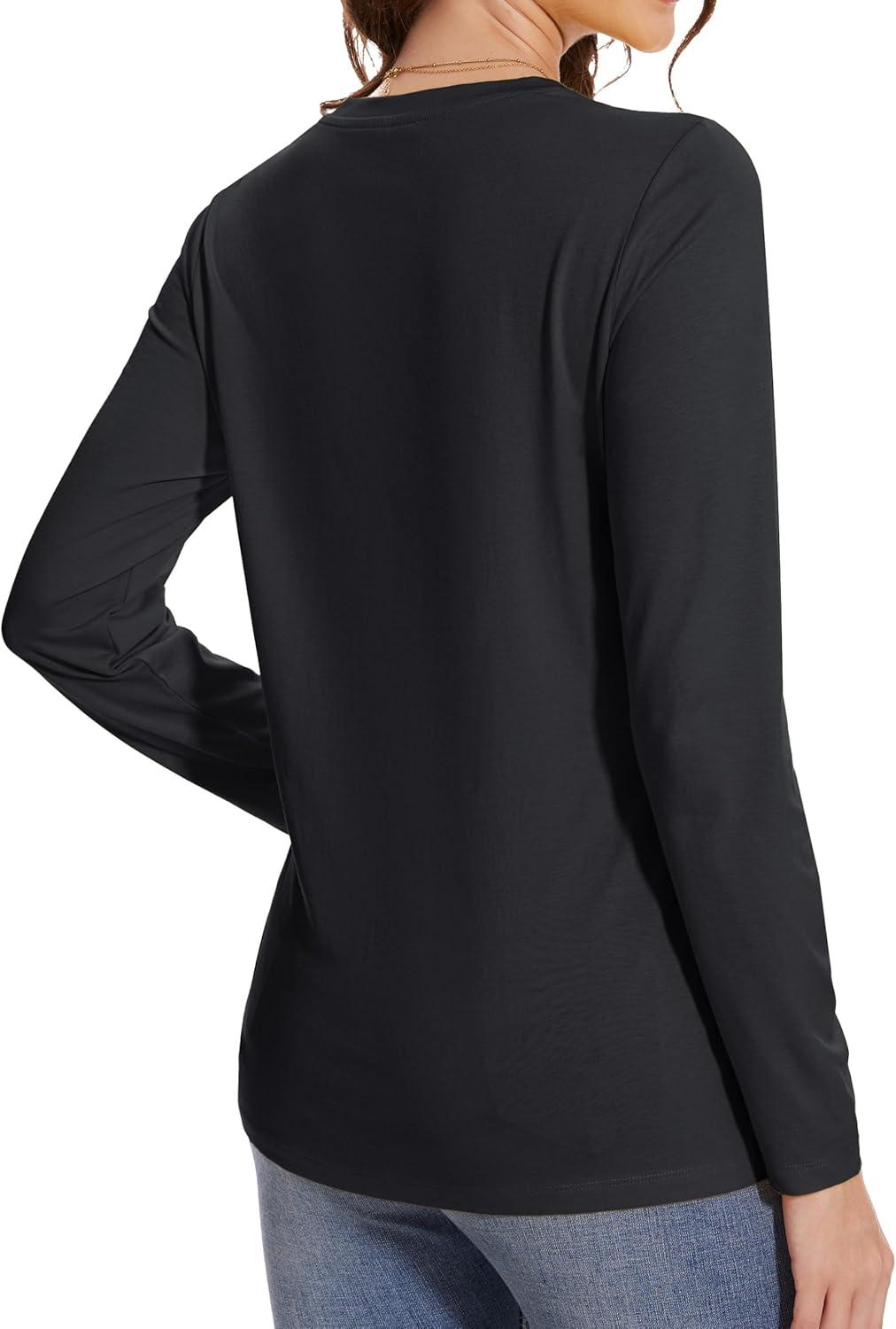 imageMAGCOMSEN Womens Long Sleeve Shirts Casual Crew Neck TShirt 2025 Basic Fall Tops Classicfit Tee Breathable Cotton TopBlack