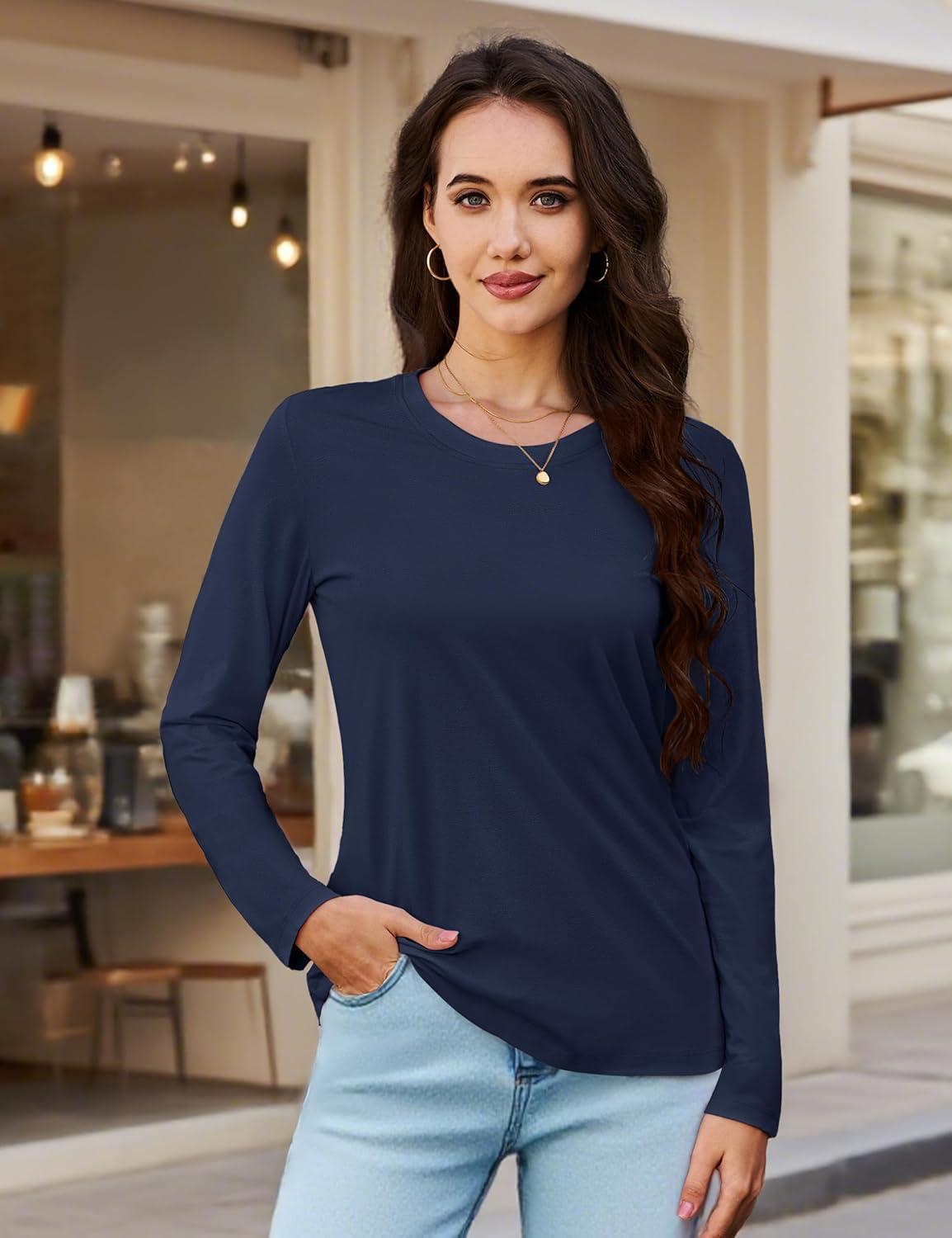 imageMAGCOMSEN Womens Long Sleeve Shirts Casual Crew Neck TShirt 2025 Basic Fall Tops Classicfit Tee Breathable Cotton TopNavyblue
