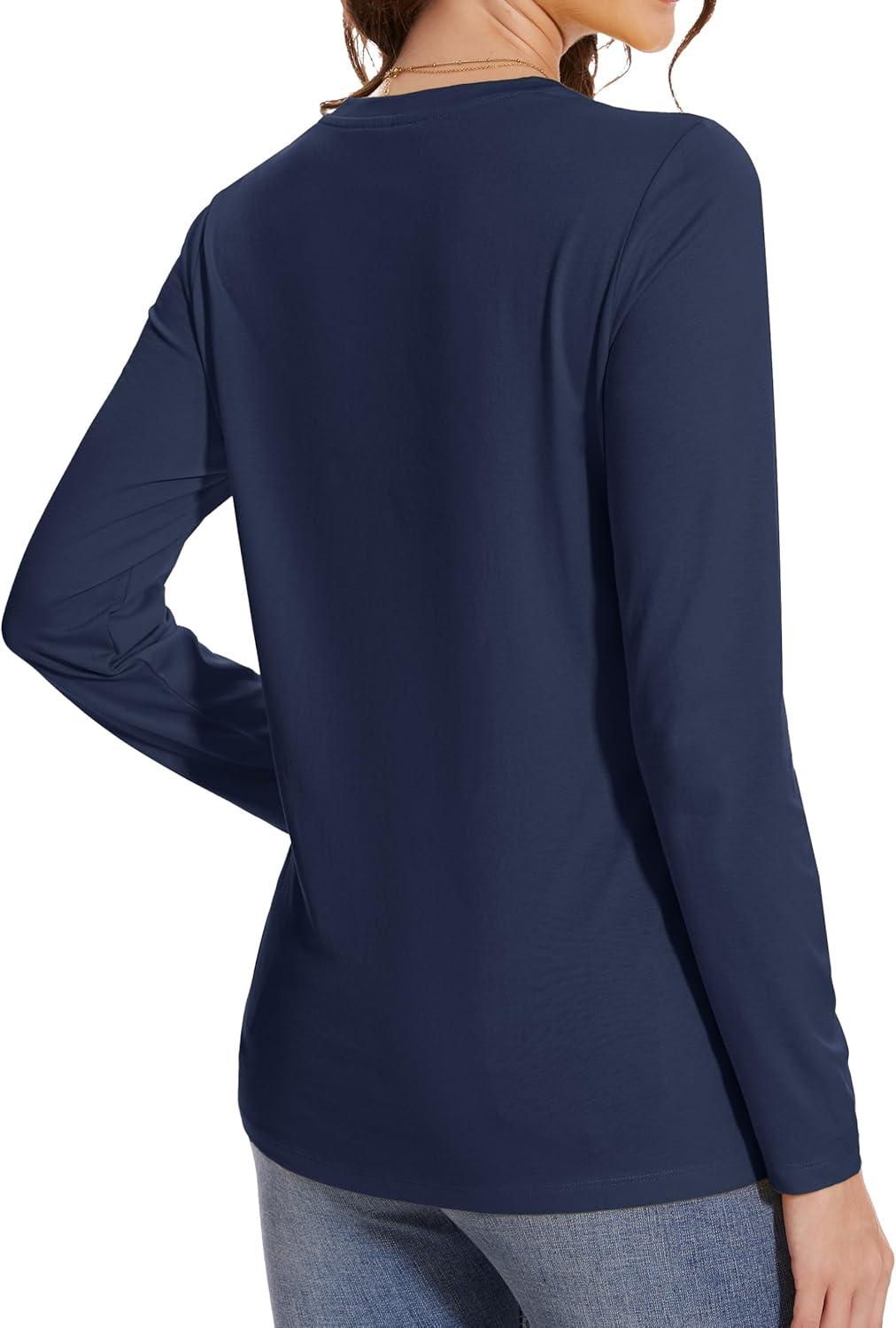 imageMAGCOMSEN Womens Long Sleeve Shirts Casual Crew Neck TShirt 2025 Basic Fall Tops Classicfit Tee Breathable Cotton TopNavyblue