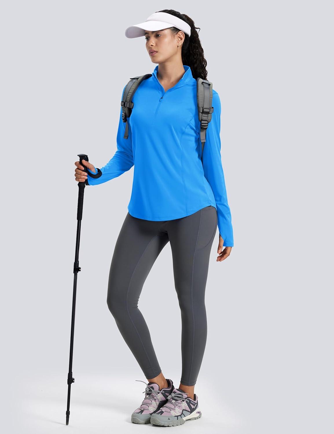 imageMAGCOMSEN Womens Long Sleeve Shirts Sun Protection Half 12 Zip Pullover Rash Guard Quick Dry Hiking Golf Workout TopsAzure